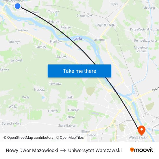 Nowy Dwór Mazowiecki to Uniwersytet Warszawski map