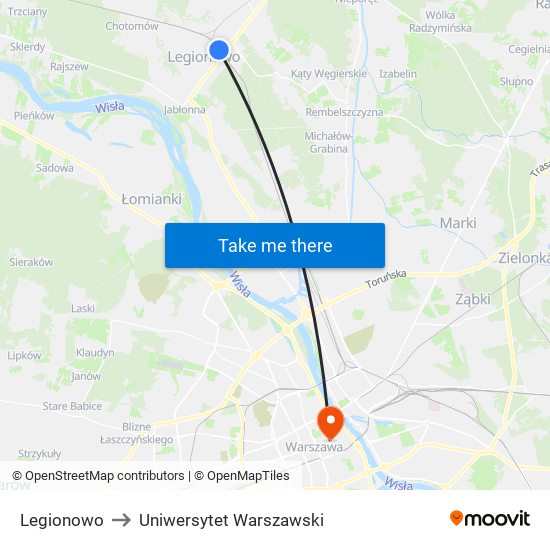 Legionowo to Uniwersytet Warszawski map