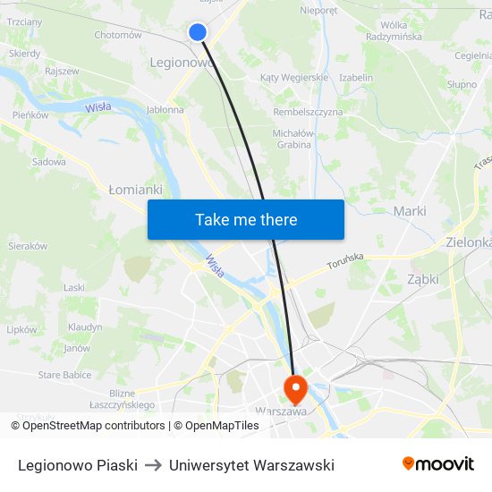 Legionowo Piaski to Uniwersytet Warszawski map