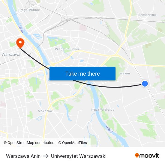 Warszawa Anin to Uniwersytet Warszawski map