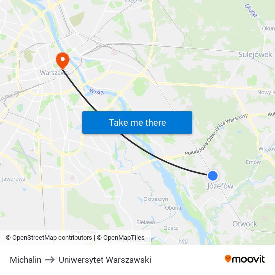 Michalin to Uniwersytet Warszawski map