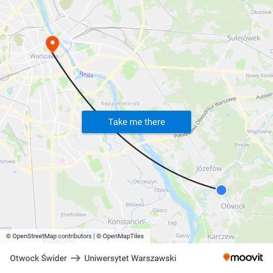 Otwock Świder to Uniwersytet Warszawski map