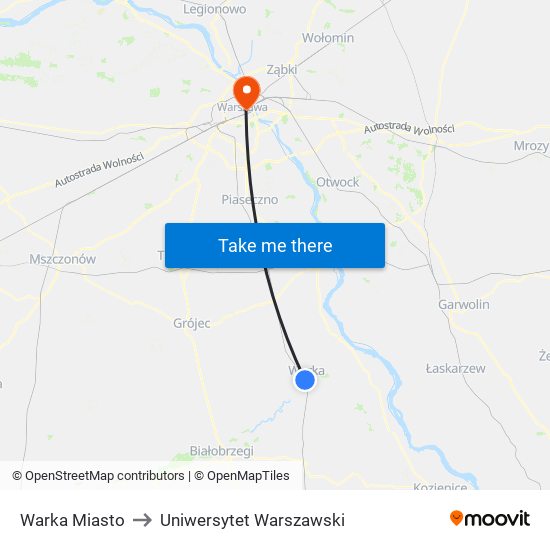 Warka Miasto to Uniwersytet Warszawski map