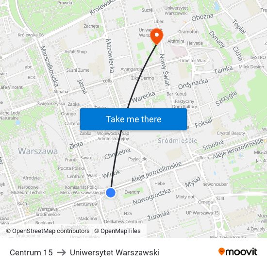 Centrum 15 to Uniwersytet Warszawski map