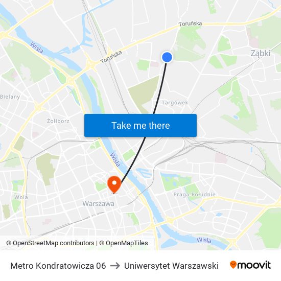 Metro Kondratowicza 06 to Uniwersytet Warszawski map