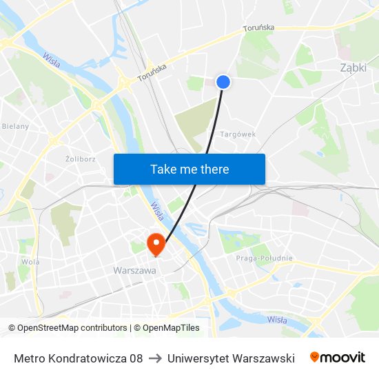 Metro Kondratowicza 08 to Uniwersytet Warszawski map
