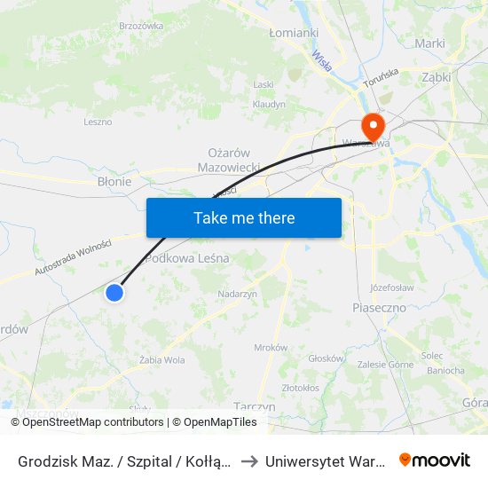 Grodzisk Maz. / Szpital / Kołłątaja (Nż) to Uniwersytet Warszawski map