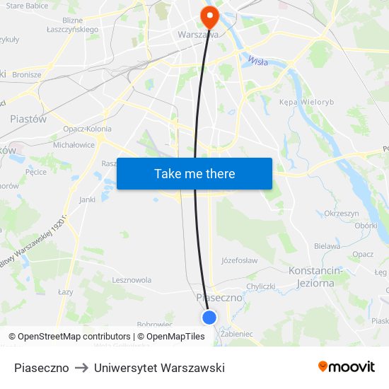 Piaseczno to Uniwersytet Warszawski map