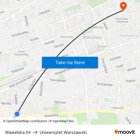 Wawelska 04 to Uniwersytet Warszawski map