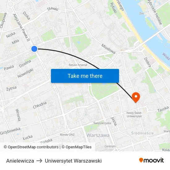 Anielewicza to Uniwersytet Warszawski map