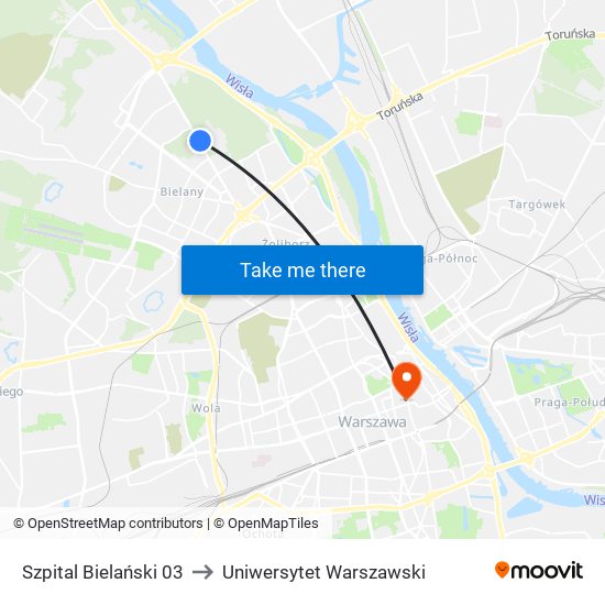 Szpital Bielański 03 to Uniwersytet Warszawski map