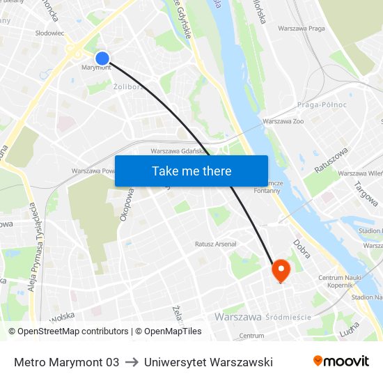 Metro Marymont 03 to Uniwersytet Warszawski map