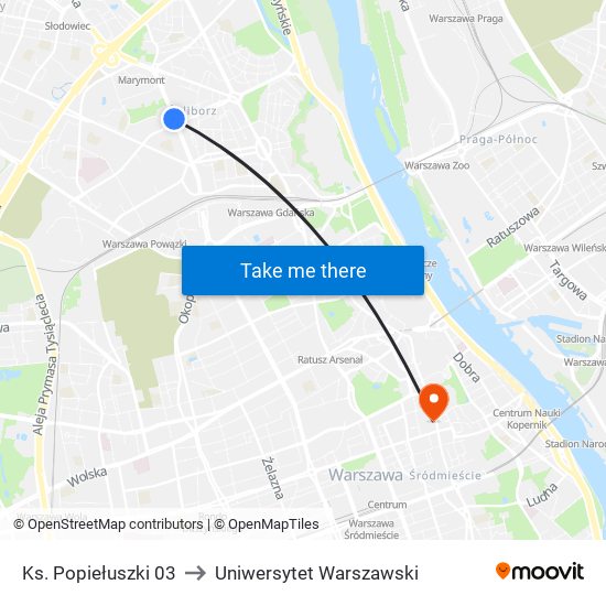 Ks. Popiełuszki 03 to Uniwersytet Warszawski map