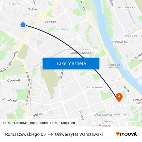 Romaszewskiego 03 to Uniwersytet Warszawski map