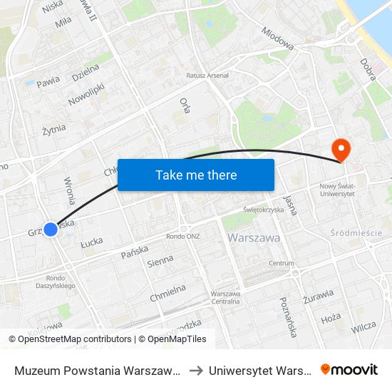 Muzeum Powstania Warszawskiego 06 to Uniwersytet Warszawski map