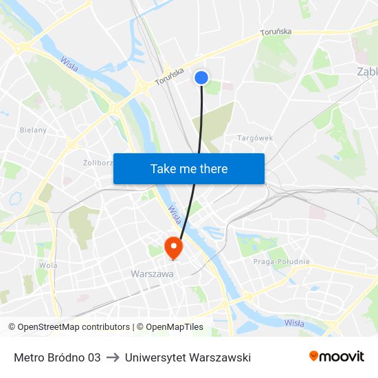 Metro Bródno 03 to Uniwersytet Warszawski map