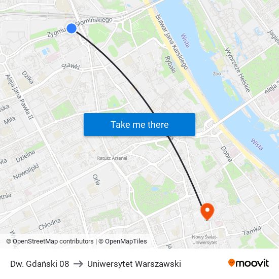 Dw. Gdański 08 to Uniwersytet Warszawski map
