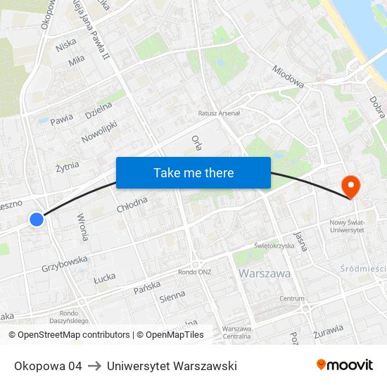 Okopowa 04 to Uniwersytet Warszawski map