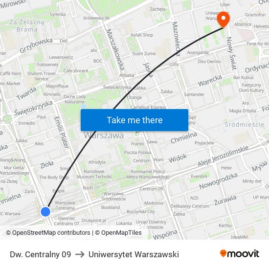 Dw. Centralny 09 to Uniwersytet Warszawski map