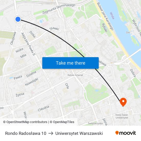 Rondo Radosława 10 to Uniwersytet Warszawski map