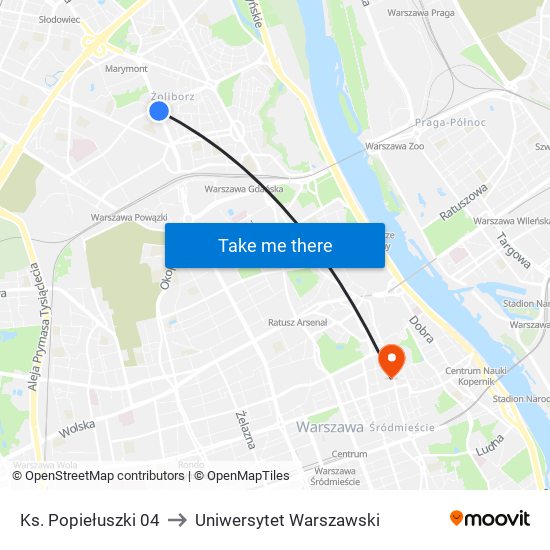 Ks. Popiełuszki 04 to Uniwersytet Warszawski map