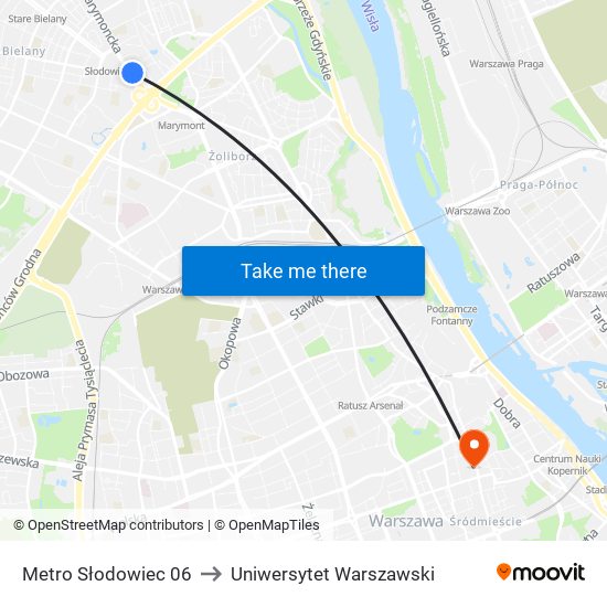 Metro Słodowiec 06 to Uniwersytet Warszawski map