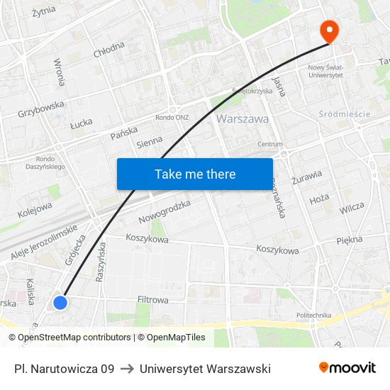 Pl. Narutowicza 09 to Uniwersytet Warszawski map
