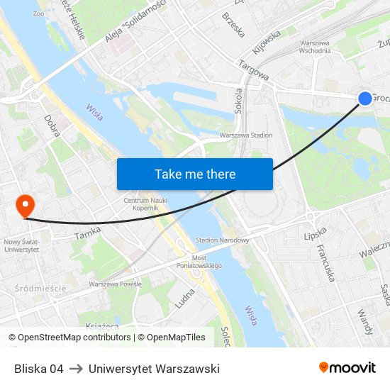 Bliska to Uniwersytet Warszawski map