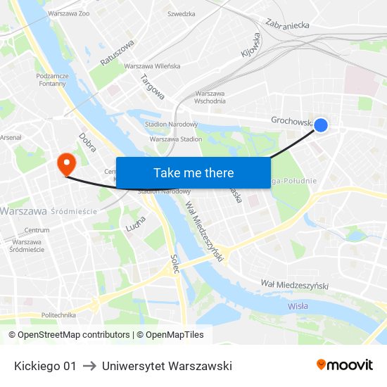 Kickiego 01 to Uniwersytet Warszawski map