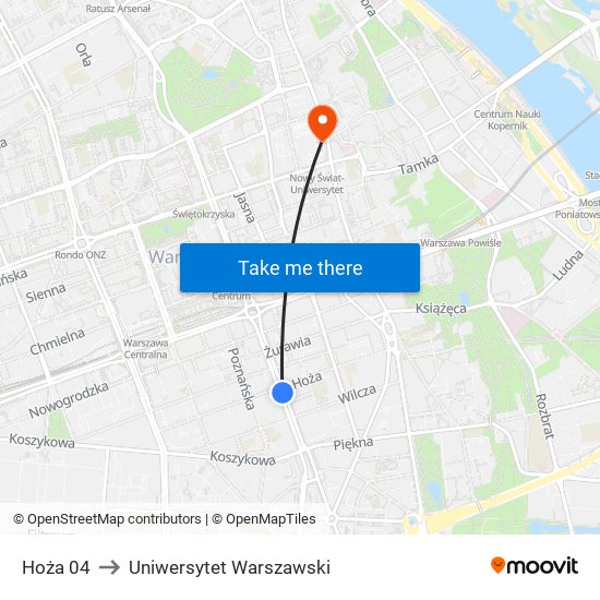 Hoża 04 to Uniwersytet Warszawski map