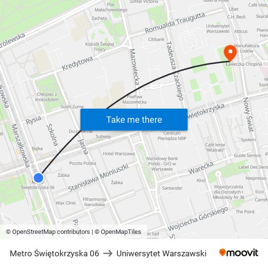 Metro Świętokrzyska 06 to Uniwersytet Warszawski map