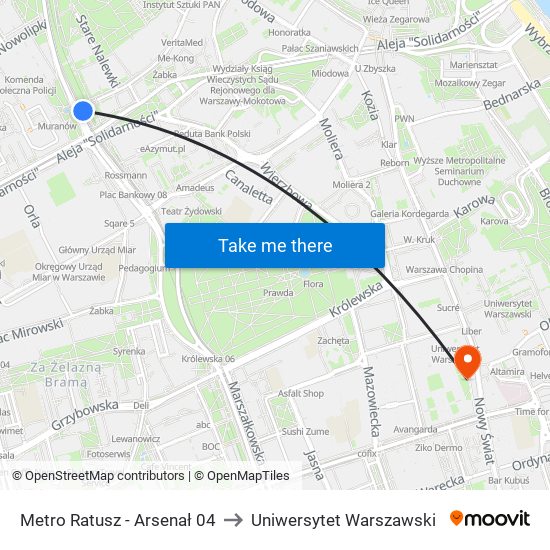 Metro Ratusz - Arsenał 04 to Uniwersytet Warszawski map