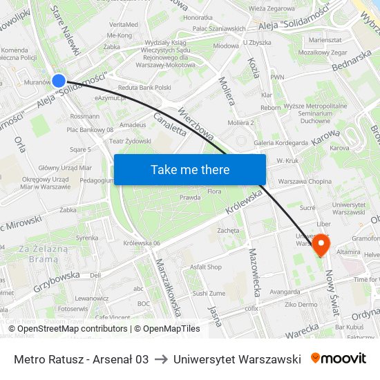 Metro Ratusz - Arsenał 03 to Uniwersytet Warszawski map
