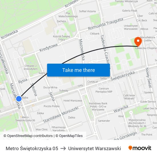 Metro Świętokrzyska 05 to Uniwersytet Warszawski map