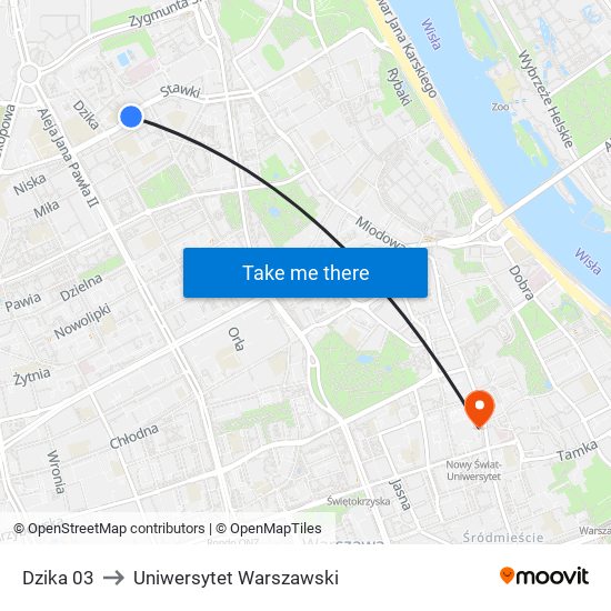 Dzika to Uniwersytet Warszawski map