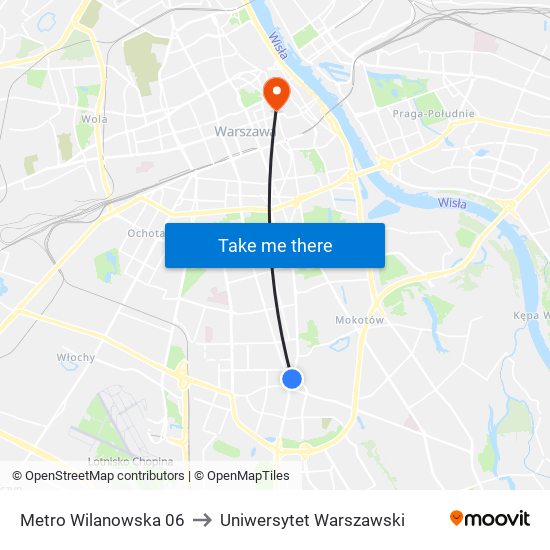 Metro Wilanowska to Uniwersytet Warszawski map