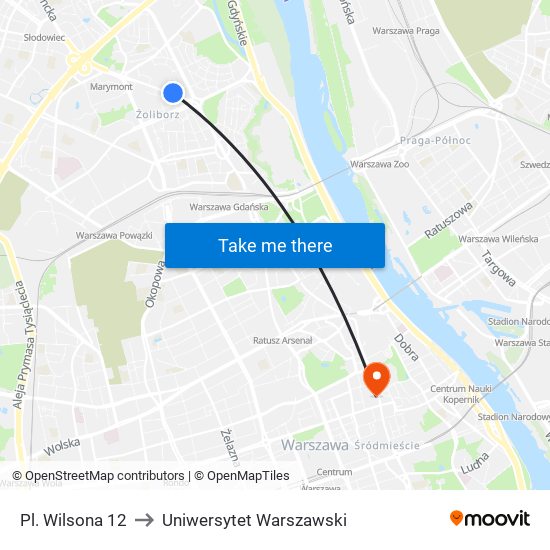 Pl. Wilsona 12 to Uniwersytet Warszawski map
