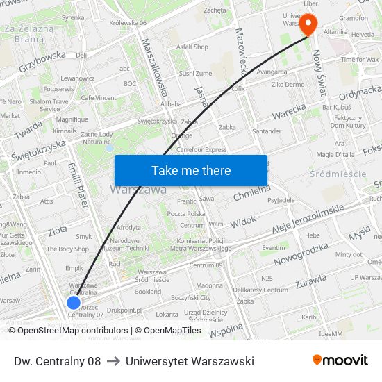 Dw. Centralny 08 to Uniwersytet Warszawski map