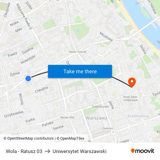 Wola - Ratusz 03 to Uniwersytet Warszawski map
