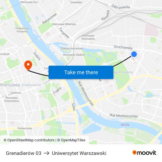 Grenadierów 03 to Uniwersytet Warszawski map