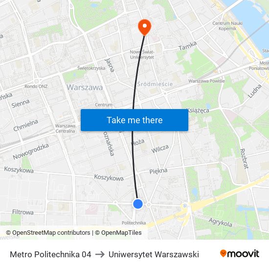 Metro Politechnika 04 to Uniwersytet Warszawski map