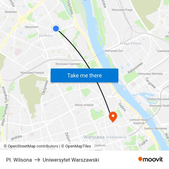 Pl. Wilsona to Uniwersytet Warszawski map