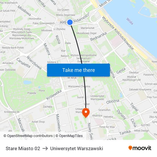 Stare Miasto 02 to Uniwersytet Warszawski map