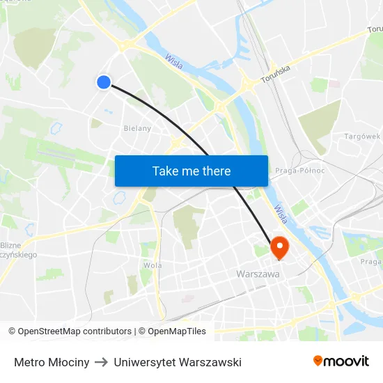 Metro Młociny to Uniwersytet Warszawski map