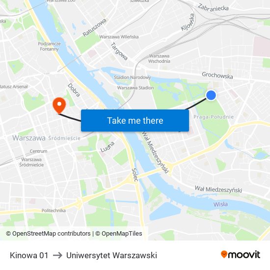 Kinowa 01 to Uniwersytet Warszawski map