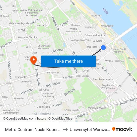Metro Centrum Nauki Kopernik 04 to Uniwersytet Warszawski map