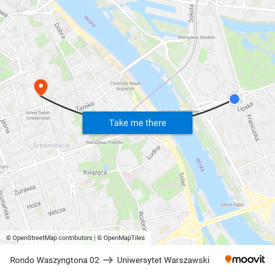 Rondo Waszyngtona 02 to Uniwersytet Warszawski map