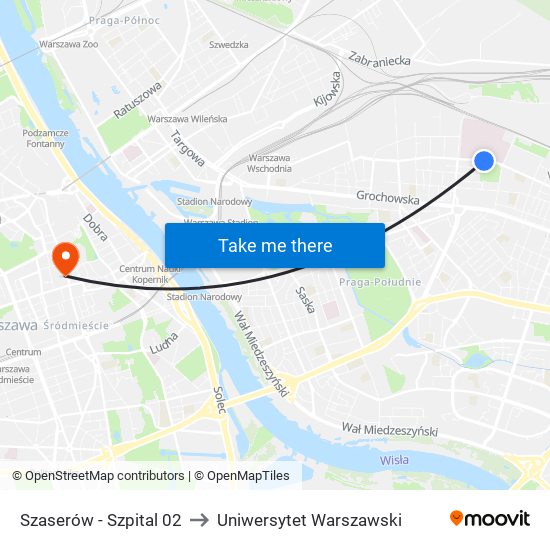 Szaserów - Szpital 02 to Uniwersytet Warszawski map