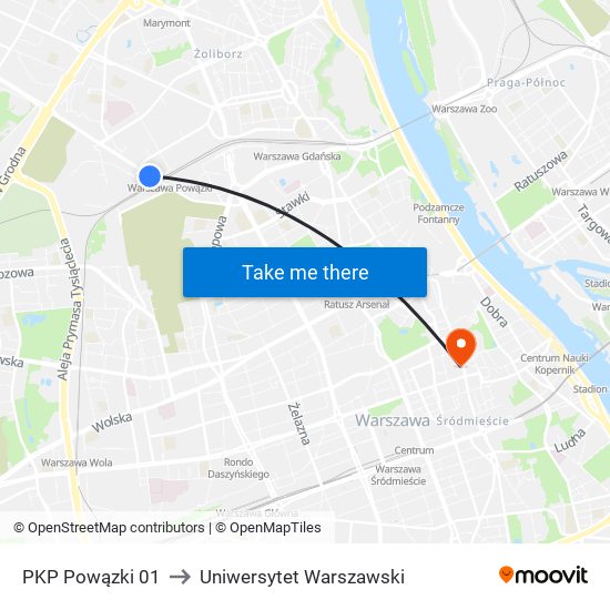 PKP Powązki 01 to Uniwersytet Warszawski map
