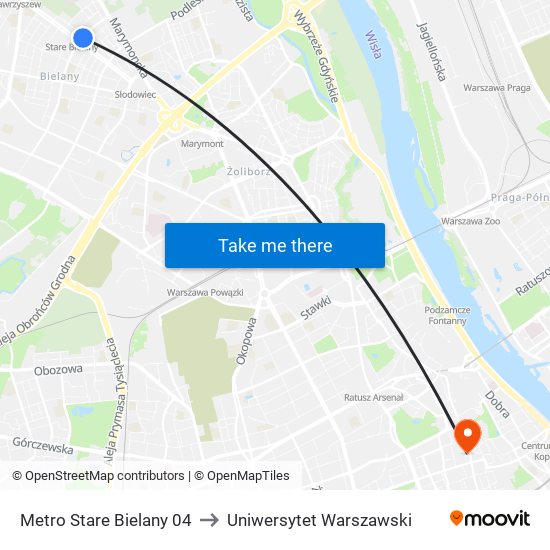 Metro Stare Bielany 04 to Uniwersytet Warszawski map